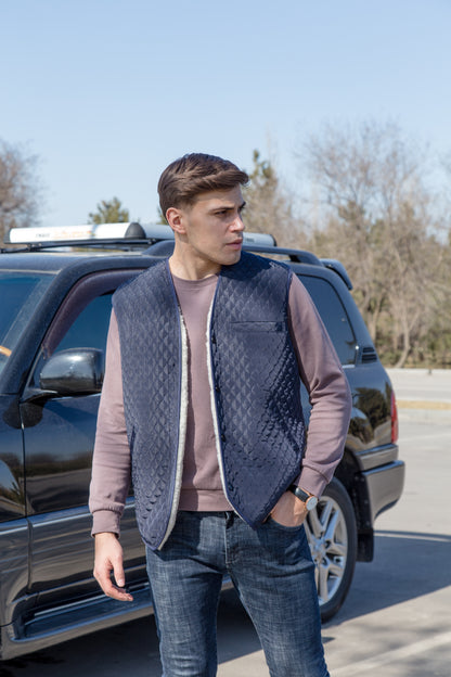 Warm Men Sleeveless Quilted Sheepskin Jacket, Vest Rancher, Western Styling With Pockets