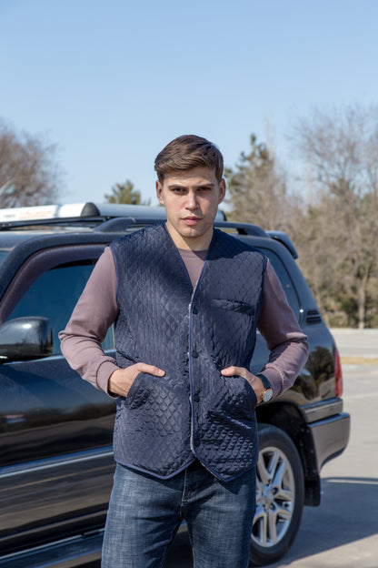 Warm Men Sleeveless Quilted Sheepskin Jacket, Vest Rancher, Western Styling With Pockets