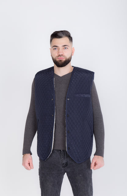 Warm Men Sleeveless Quilted Sheepskin Jacket, Vest Rancher, Western Styling With Pockets