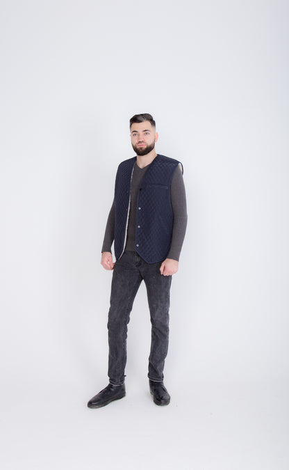 Warm Men Sleeveless Quilted Sheepskin Jacket, Vest Rancher, Western Styling With Pockets