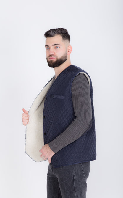 Warm Men Sleeveless Quilted Sheepskin Jacket, Vest Rancher, Western Styling With Pockets