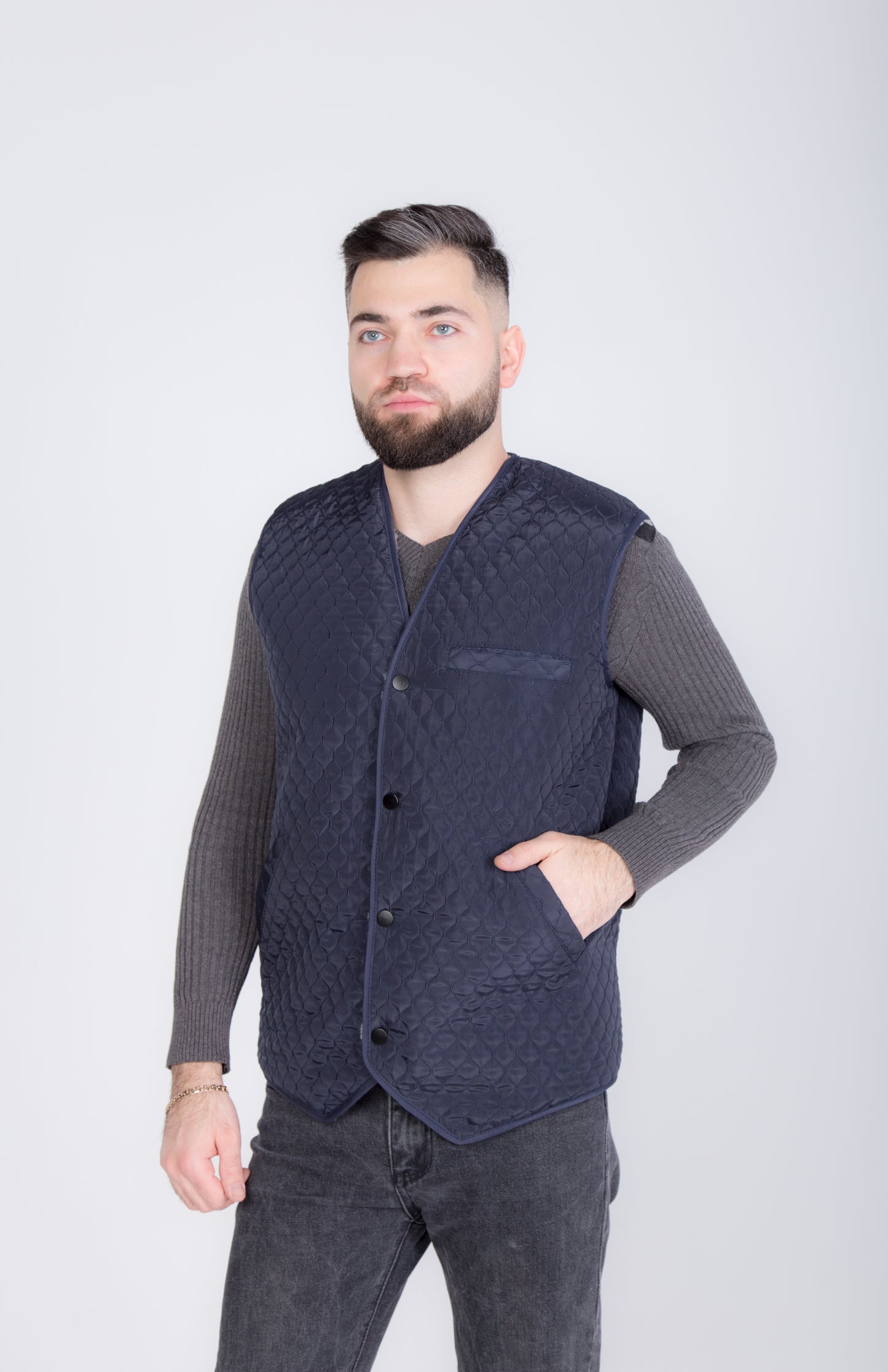 Warm Men Sleeveless Quilted Sheepskin Jacket, Vest Rancher, Western Styling With Pockets