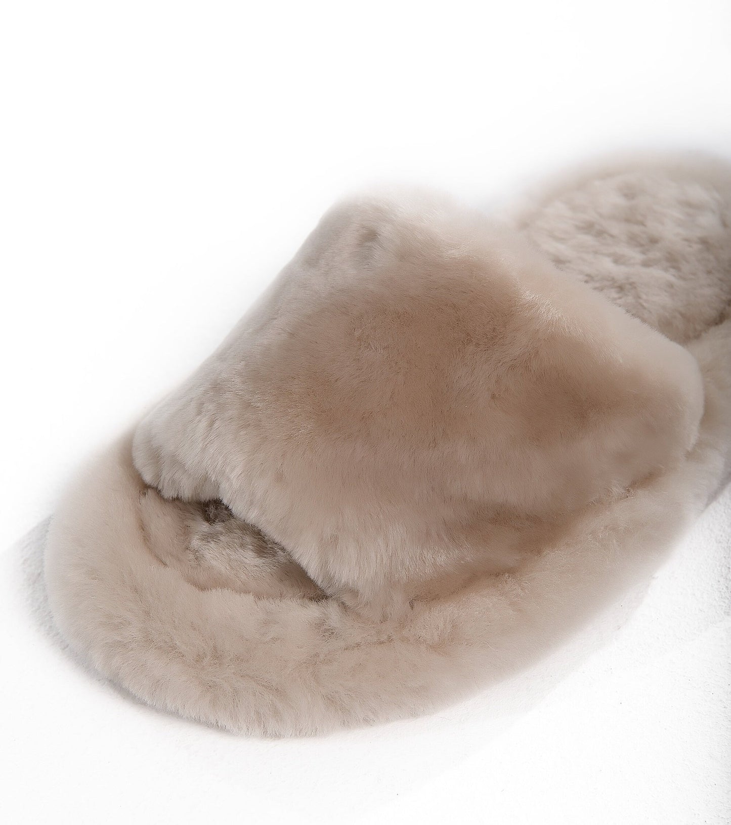 Fluffy Open Toe Sheepskin Mule Slippers for Women in Beige Color