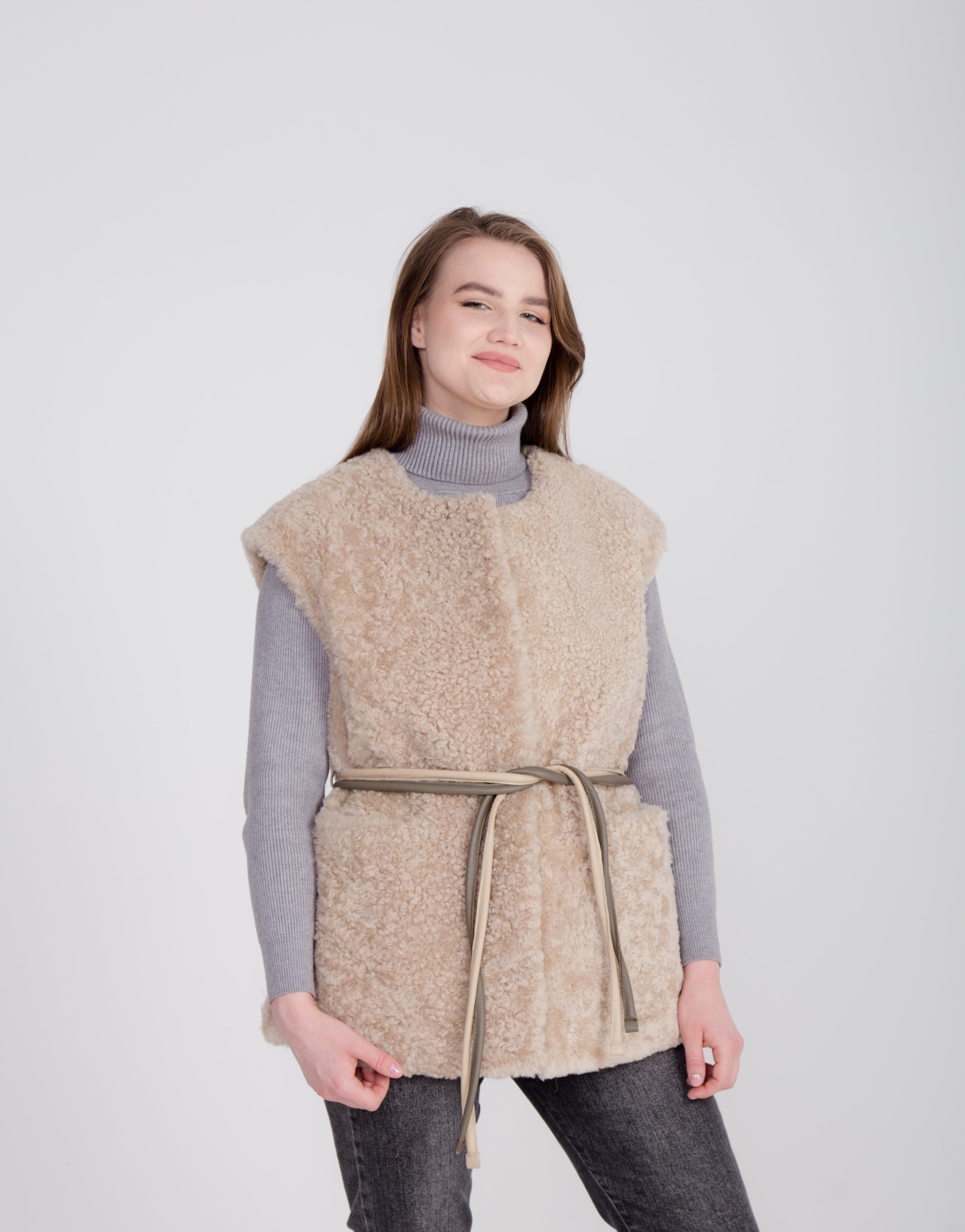 Long Beige Womens Shearling Vest with Boucle Sheepskin and Two