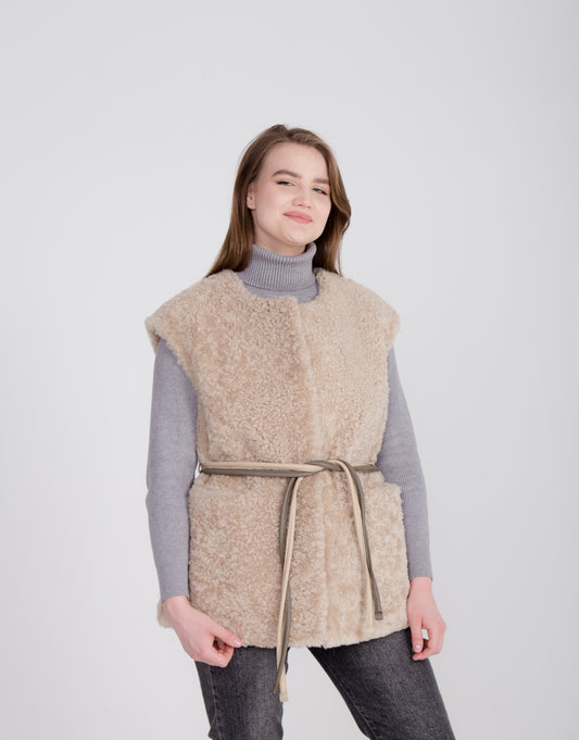 Long Beige Womens Shearling Vest with Boucle Sheepskin and Two Colored Leather Belt