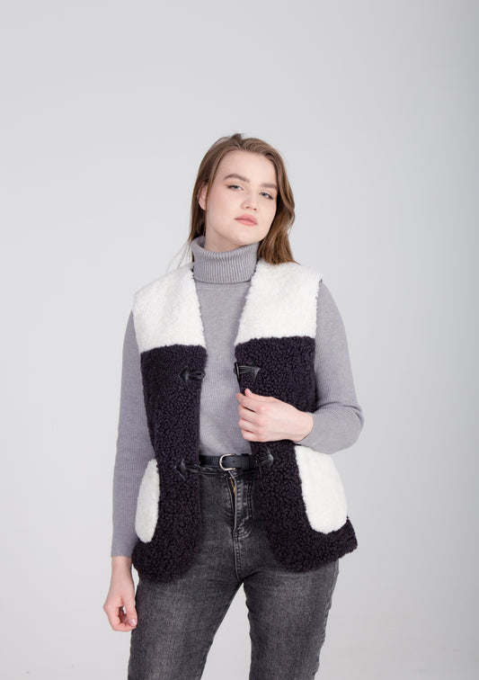 Two-Colored Blue Womens Shearling Vest with Leather Patch Buckle Buttons