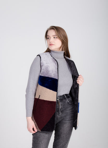 Long Patchwork Womens Shearling Gilet with Side Pockets