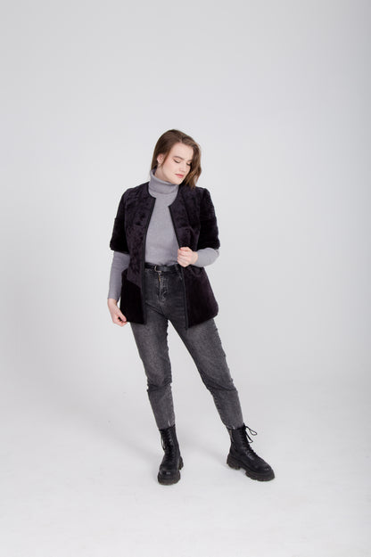 Long Black Shearling Gilet with Boucle Sheepskin and Fur Sleeves and Hem