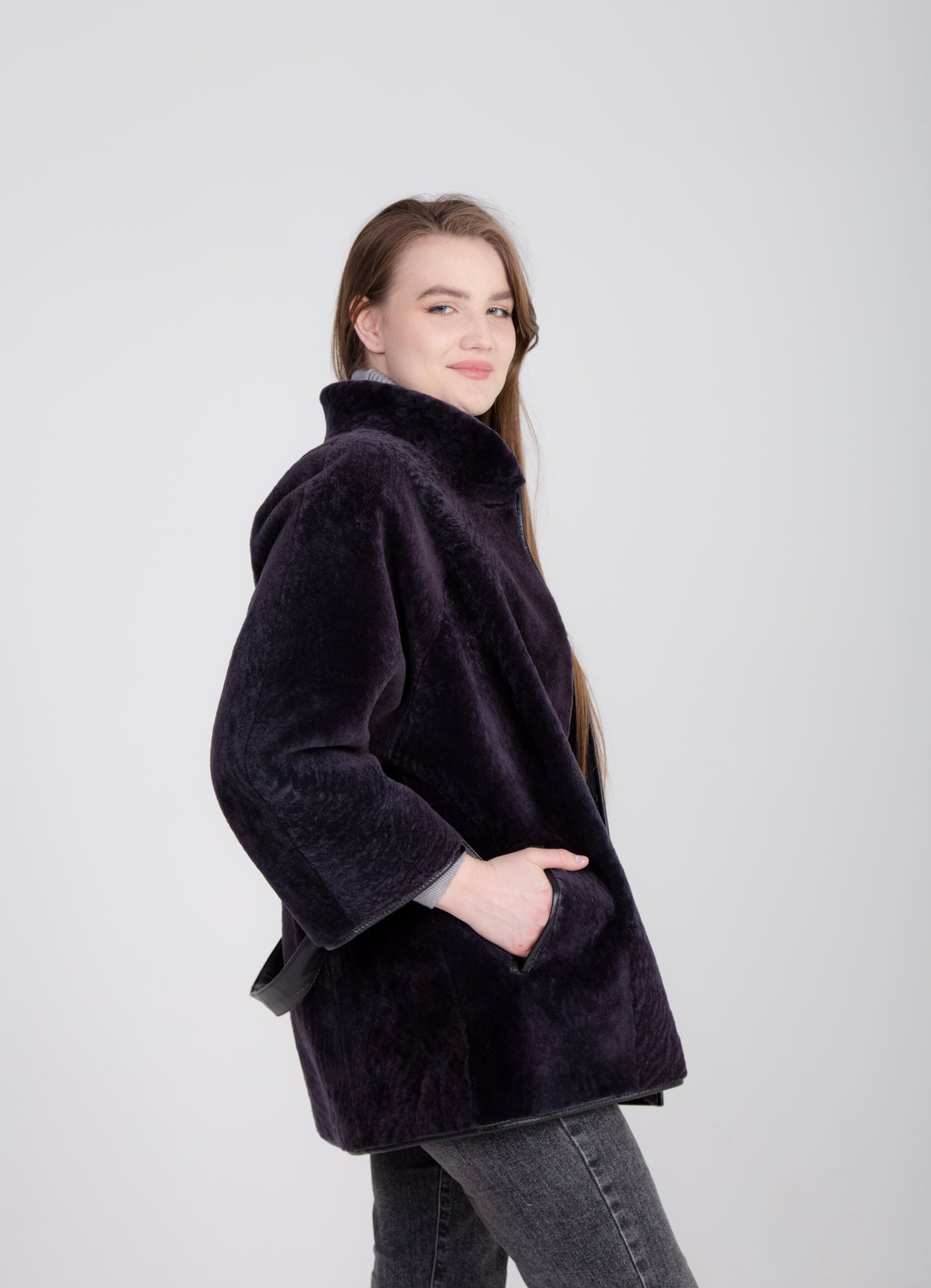 Womens Genuine Mouton Lambskin Fur Jacket 3/4 Sleeve and Leather Belt