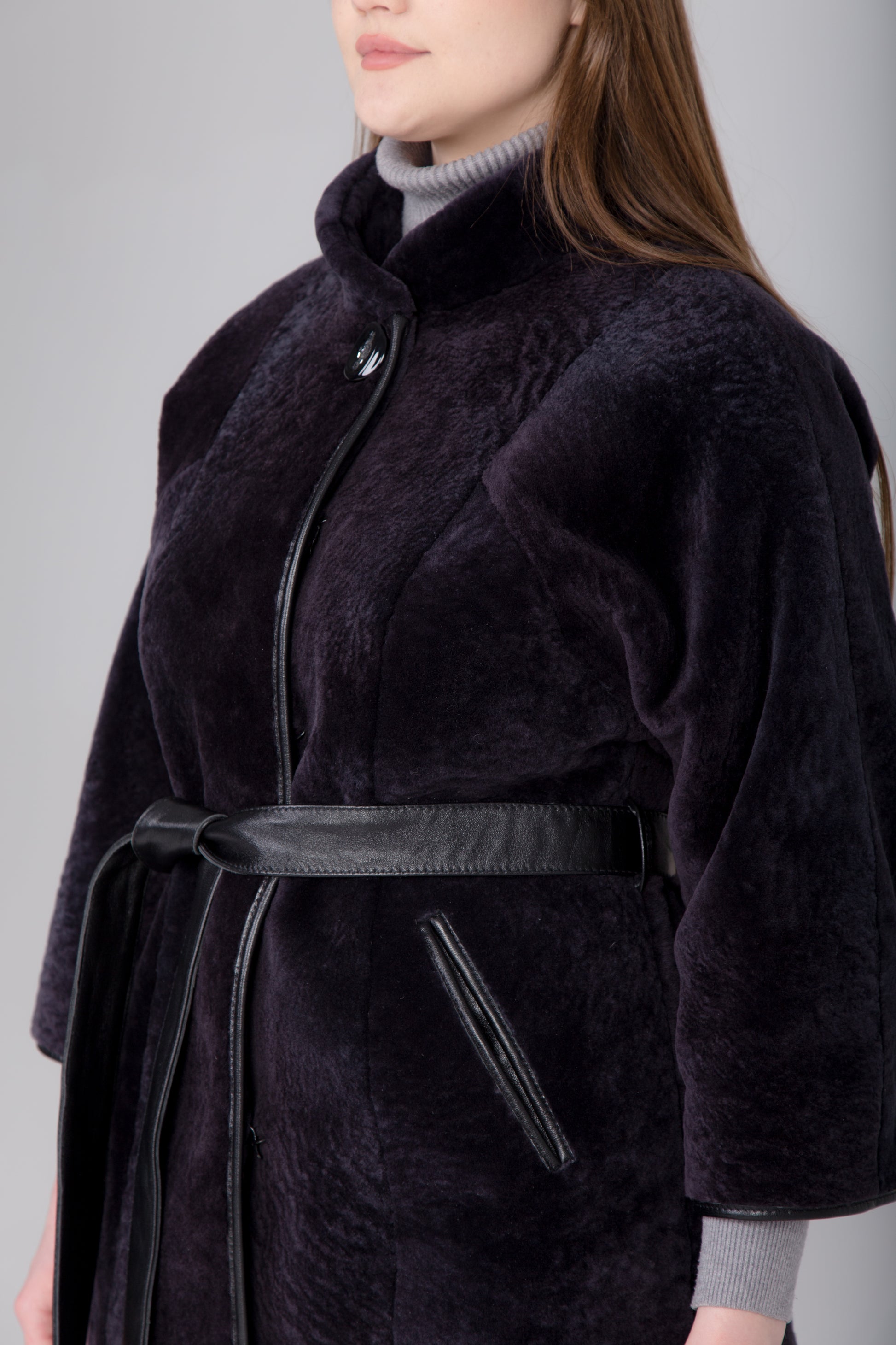 Womens Genuine Mouton Lambskin Fur Jacket 3/4 Sleeve and Leather Belt