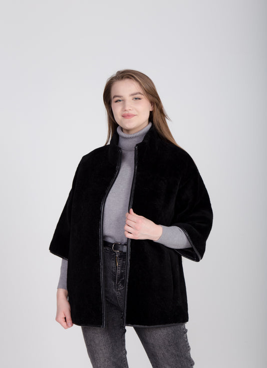 Long Oversize Black Womens Shearling Vest with Boucle Sheepskin and 3/4 Sleeve