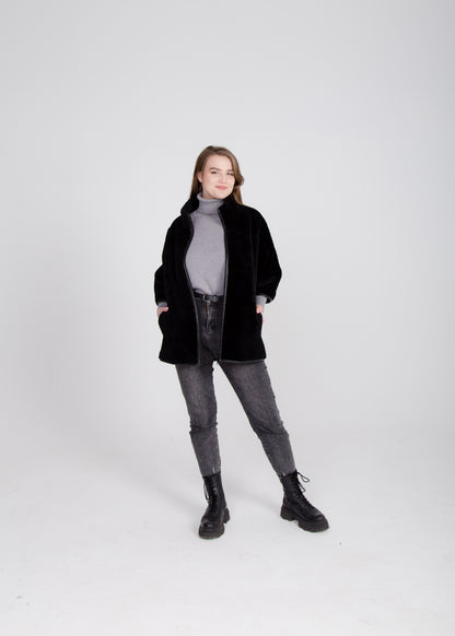 Long Oversize Black Womens Shearling Vest with Boucle Sheepskin and 3/4 Sleeve