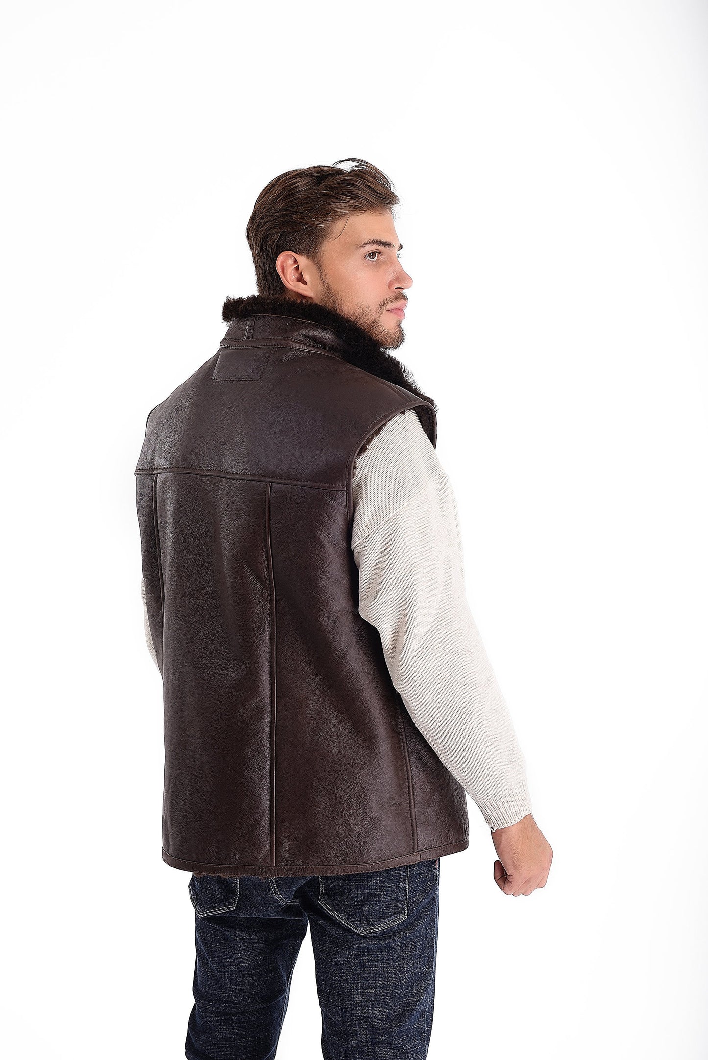 Dark Brown Sheepskin Vest with Dark Fur Lining and Side Pockets