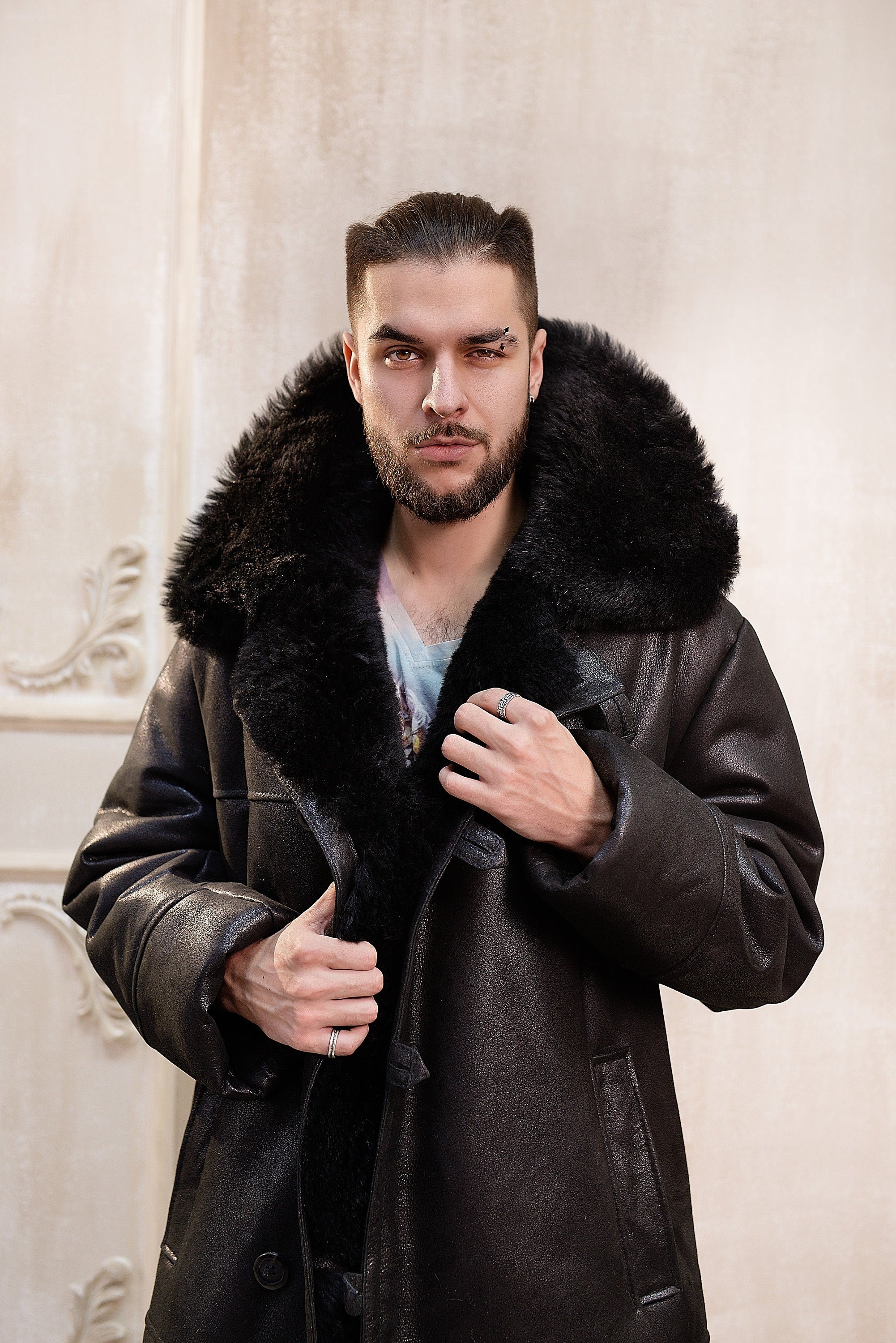 Shearling lined coat on sale mens