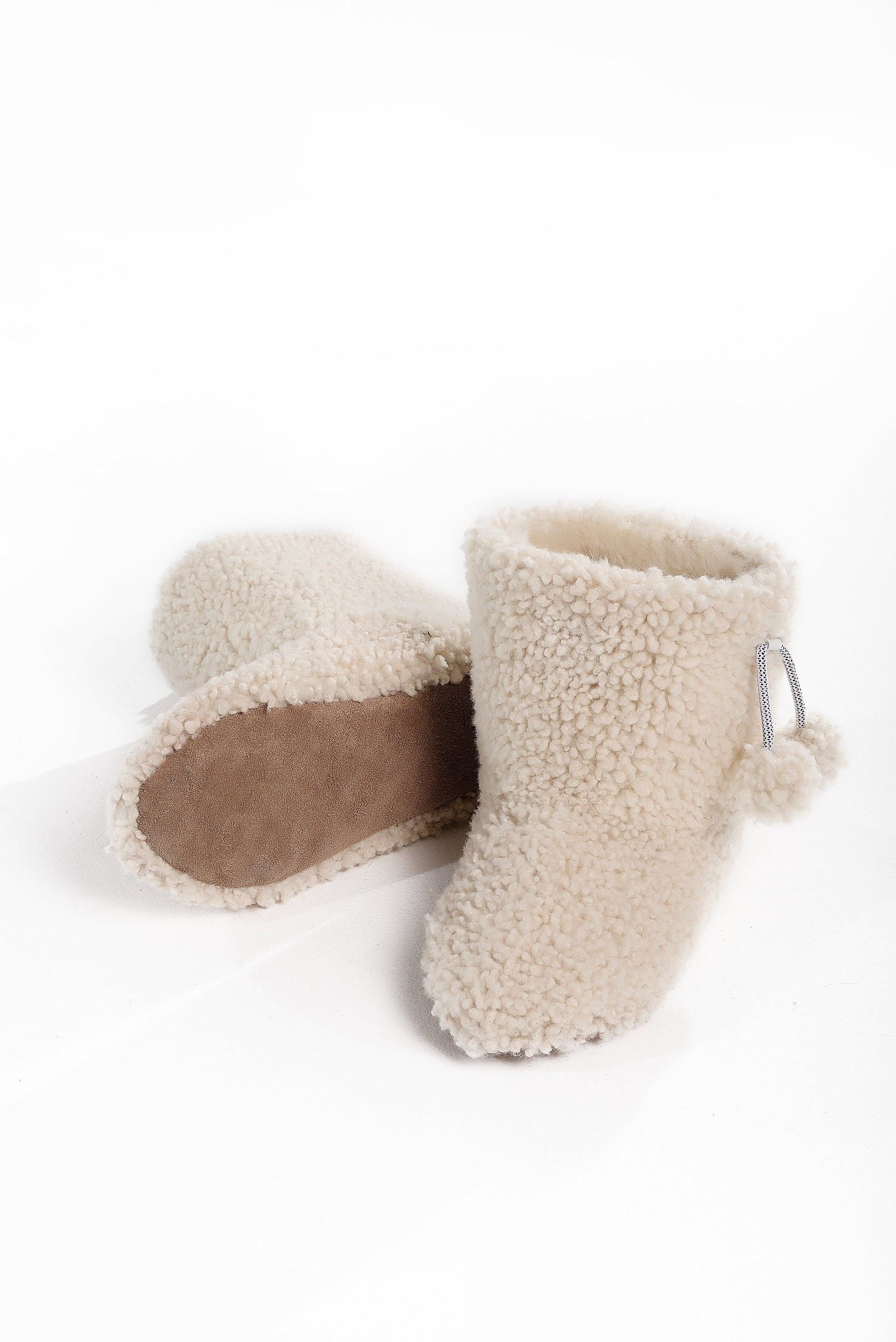 Real Womens Boucle Sheepskin Slipper Home Boots in White Color With Pom Pom