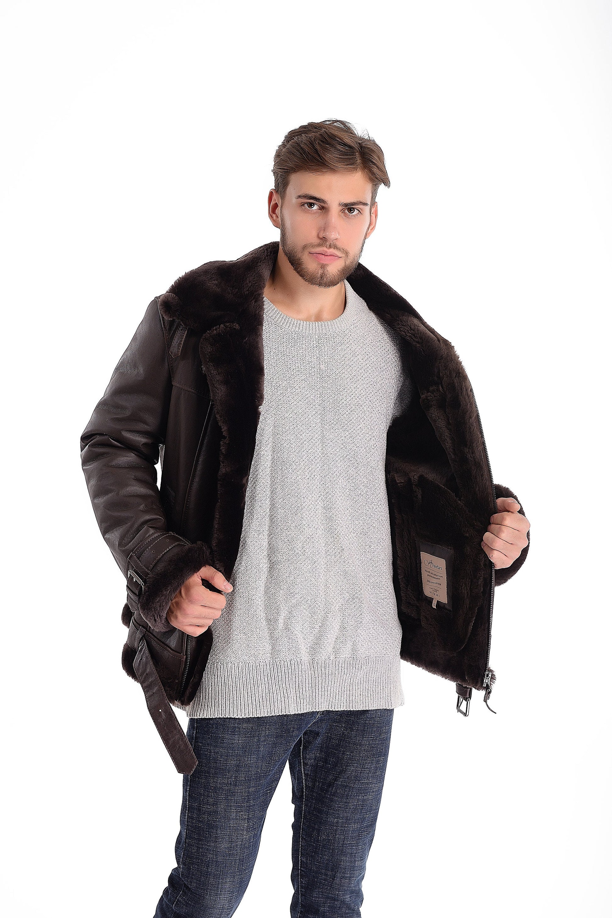 Real Shearling Sheepskin Leather Mens Pilot Jacket in Dark Brown Color with Wide Collar