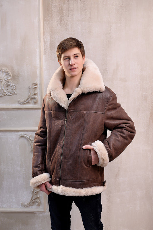Real Winter Leather Mens Shearling Pilot Jacket in Light Brown Color with Soft Fur Collar