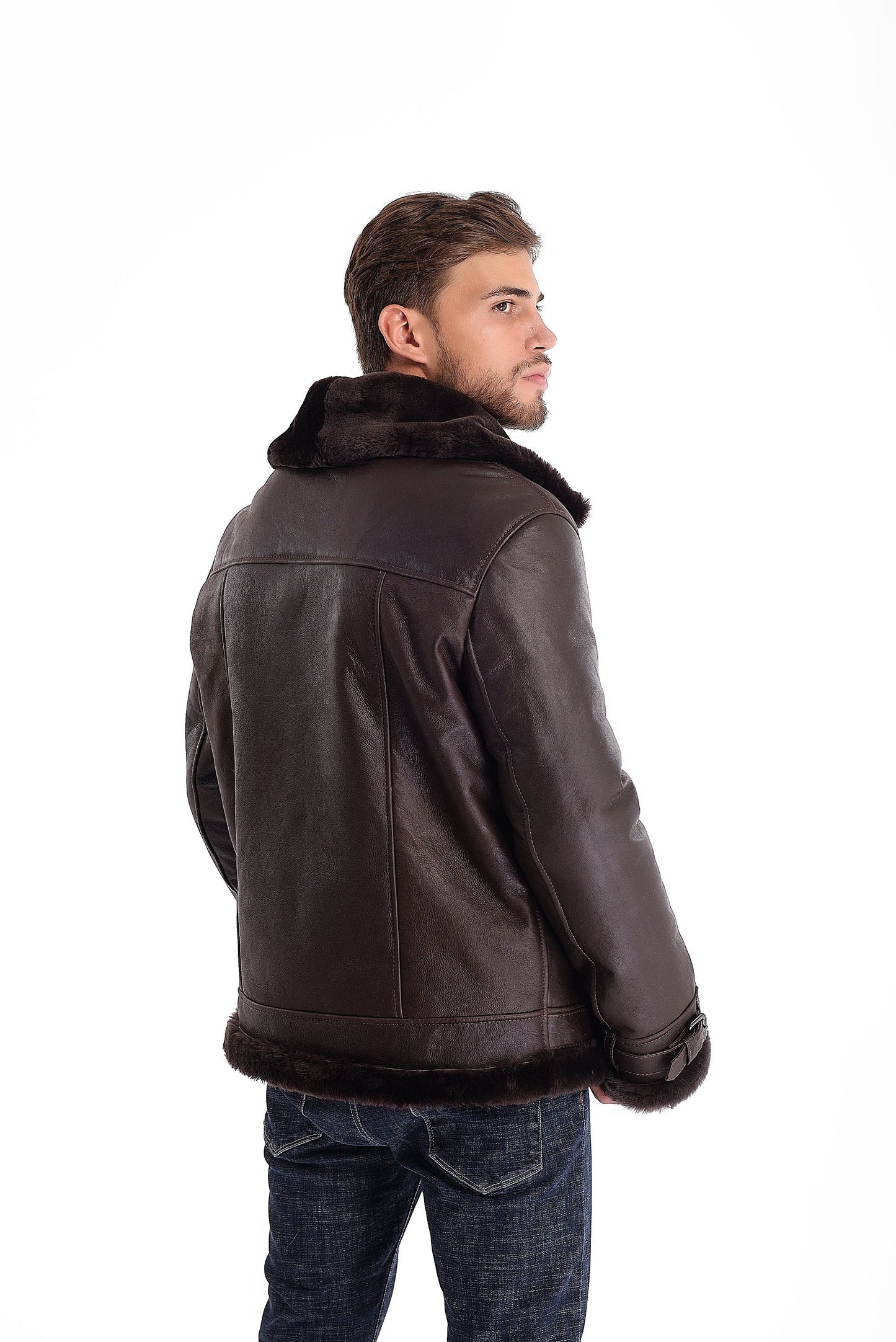 Real Shearling Sheepskin Leather Mens Pilot Jacket in Dark Brown Color with Wide Collar