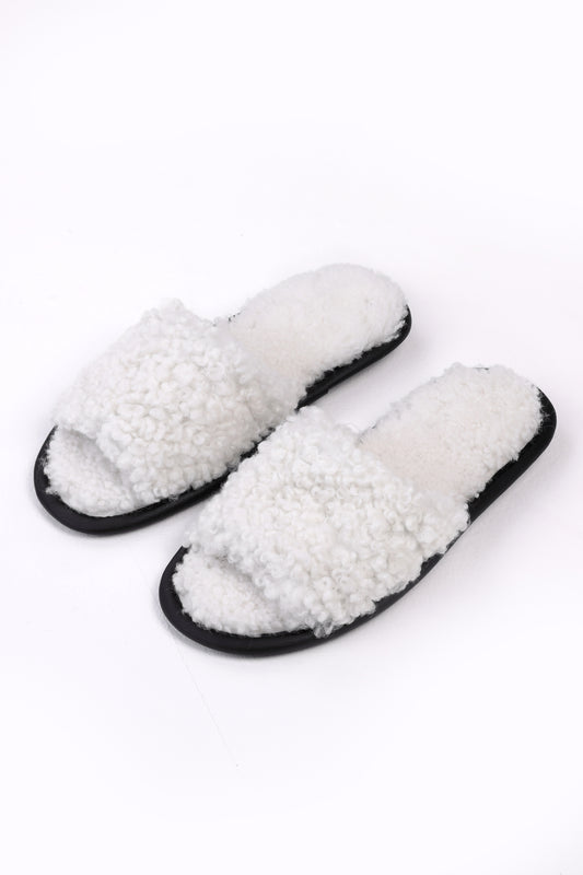 Unisex Open Toe Soft Sheepskin Slippers with Fur Lining in White Color