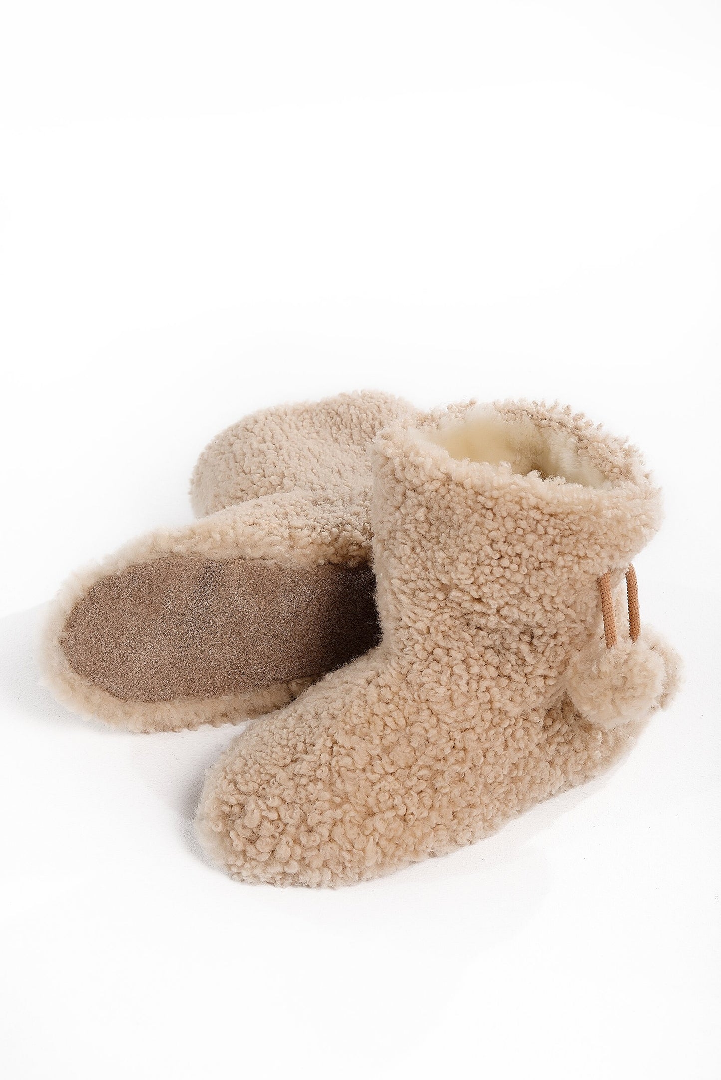 Real Womens Boucle Sheepskin Slipper Home Boots in Beige Color With Pom Pom