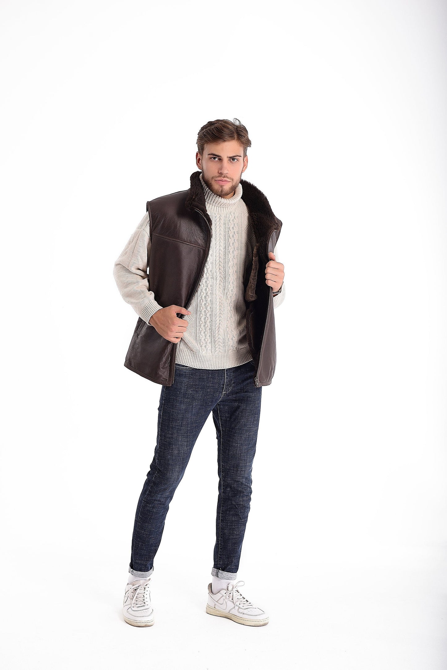 Dark Brown Sheepskin Vest with Dark Fur Lining and Side Pockets