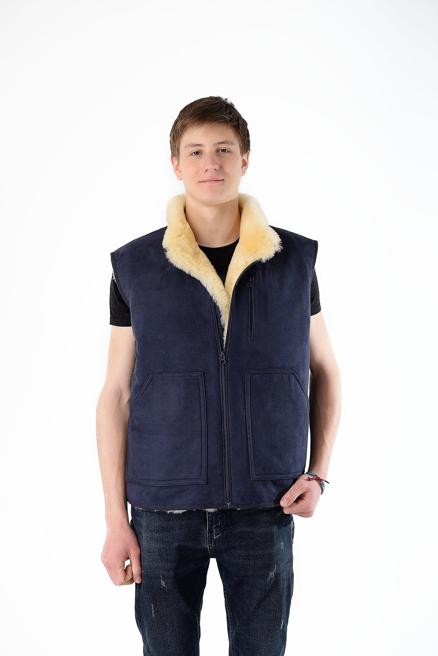 Sheepskin Vest Denim Blue Hypoallergenic Zip Patch Pocket Medical Sheepskin