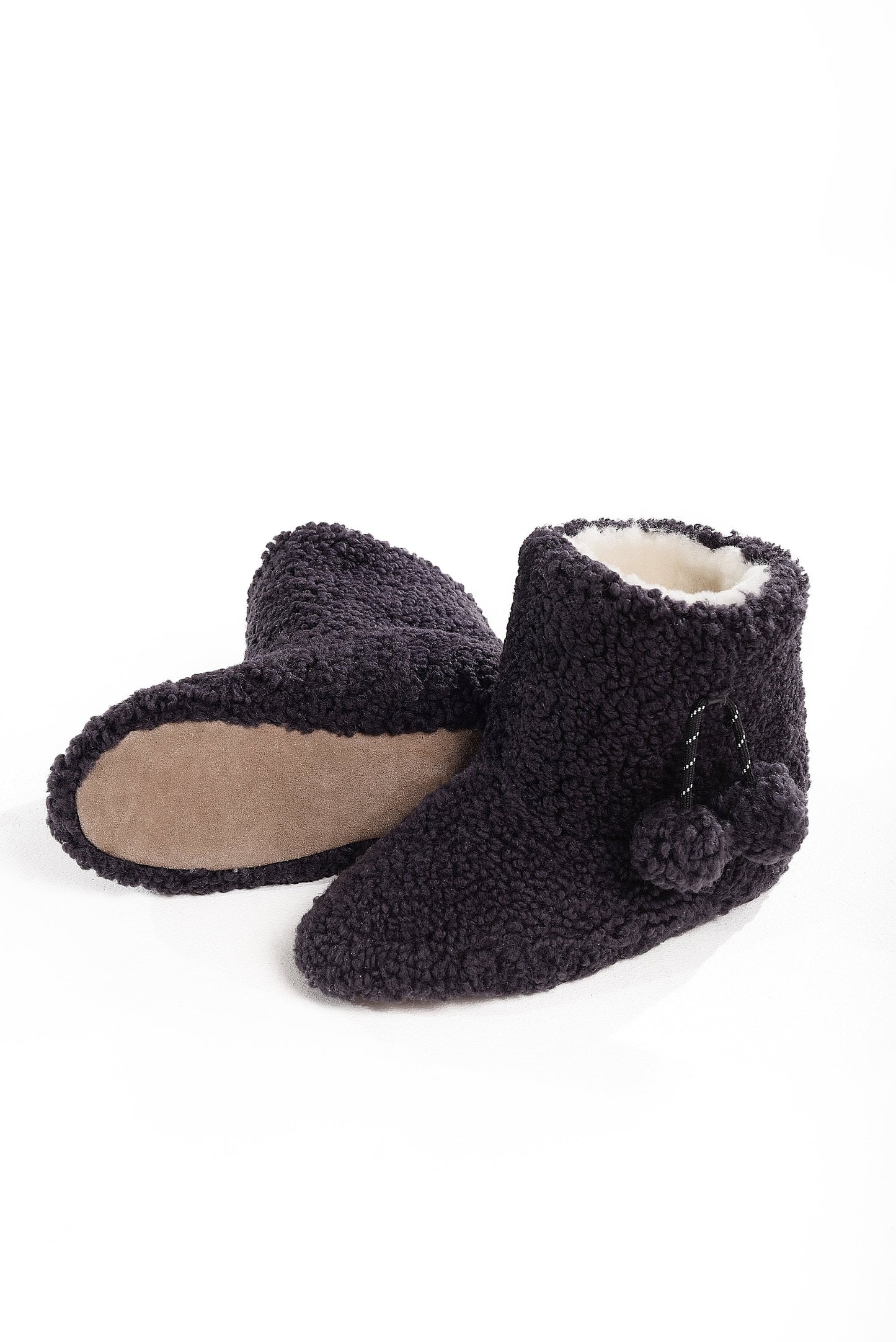 Real Womens Boucle Sheepskin Slipper Home Boots in Aubergine Color With Pom Pom