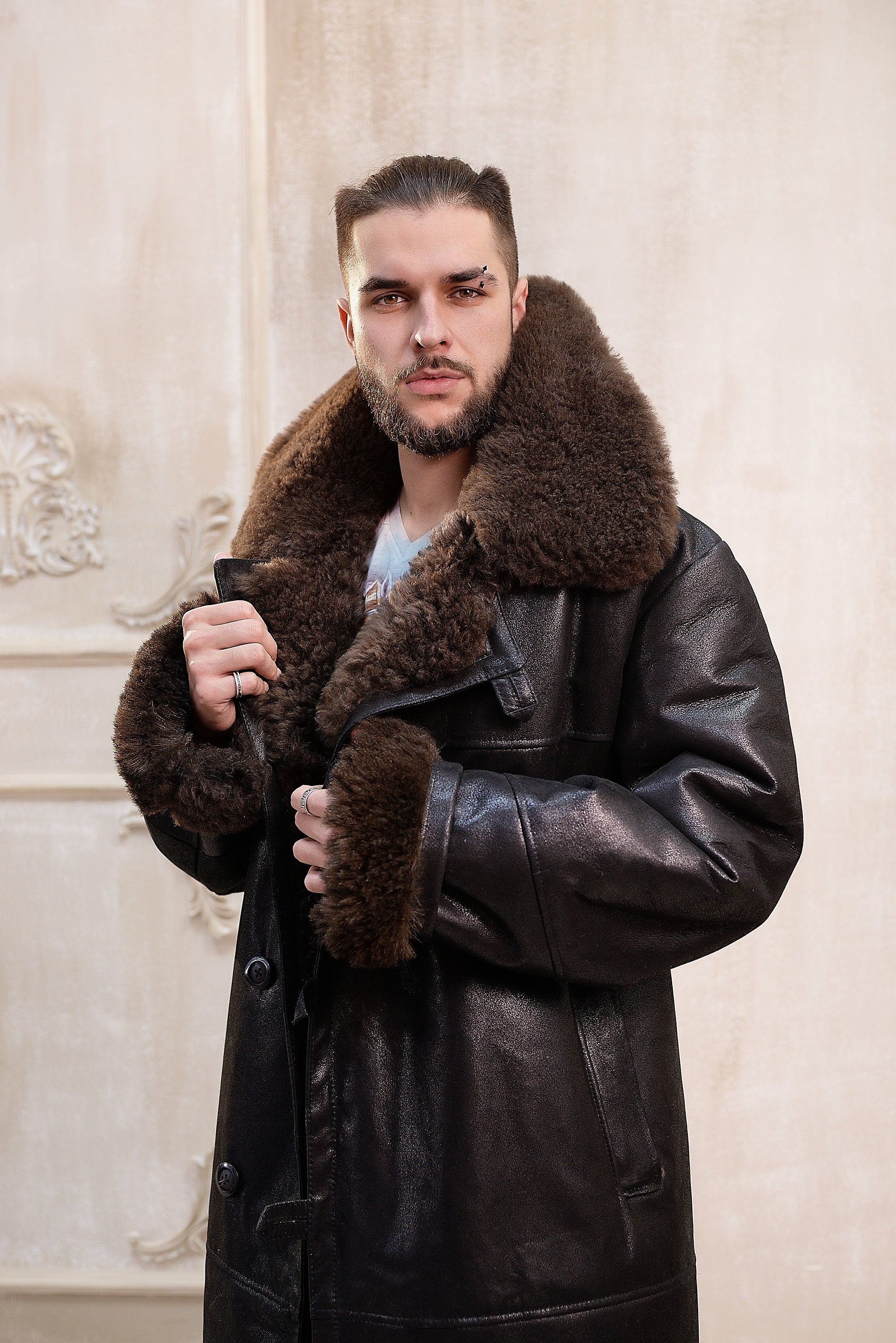Mens Long Traditional Shearling Sheepskin Coat in Brown Color with Wide Fur  Collar