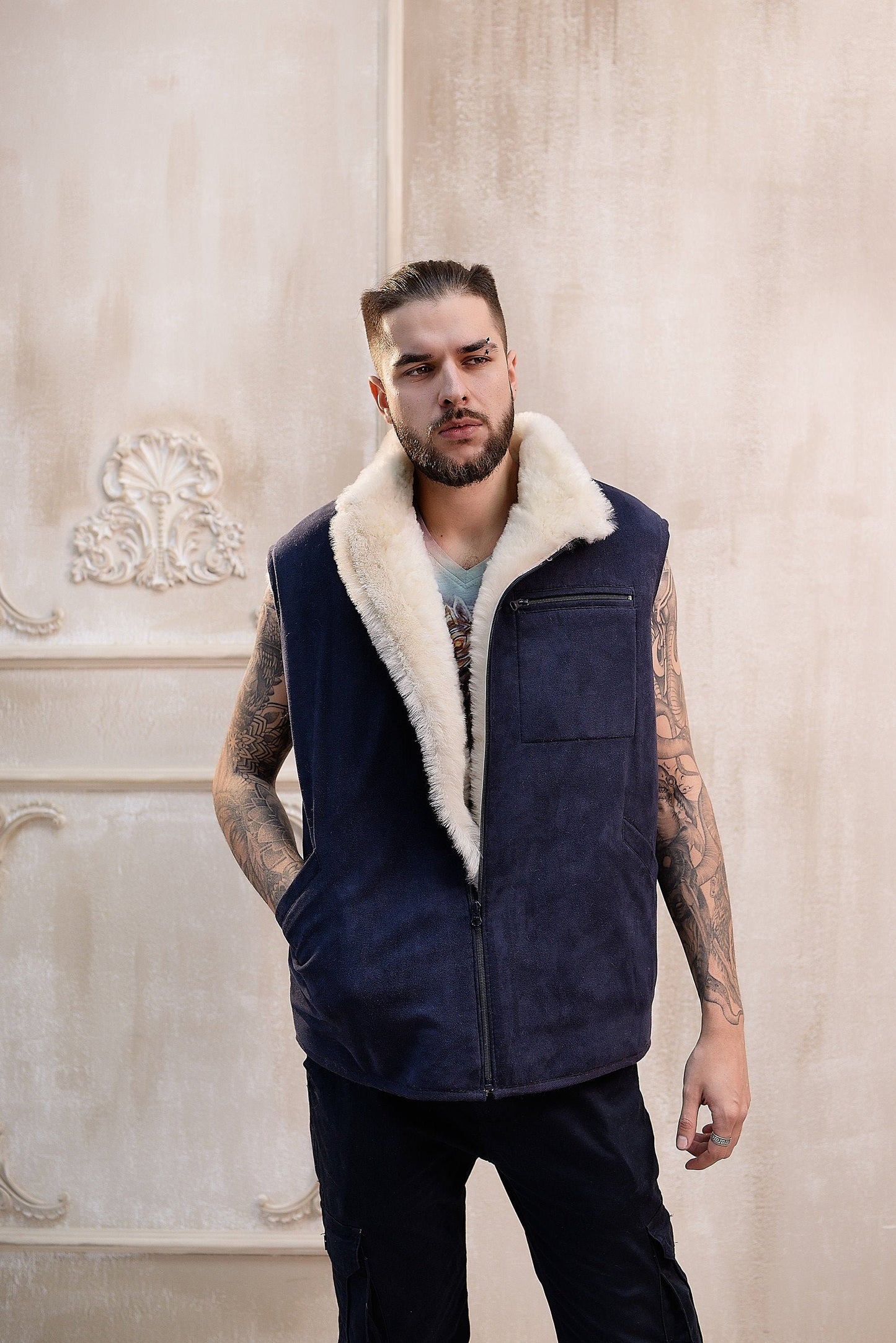 Denim Blue Sheepskin Vest with Contrasting White Fur Lining Full Front-zip