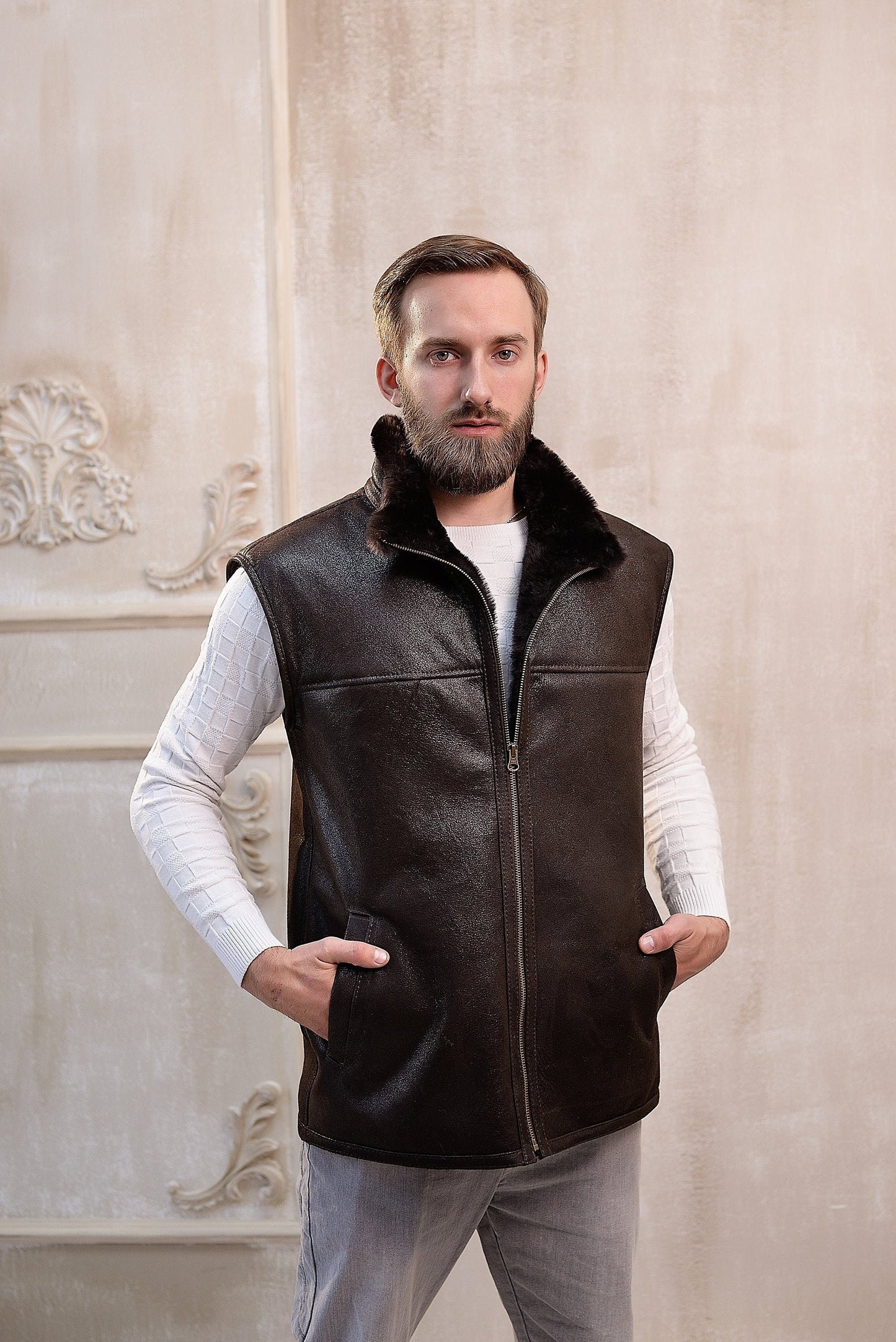 Dark Brown Sheepskin Vest with Dark Fur Lining and Side Pockets