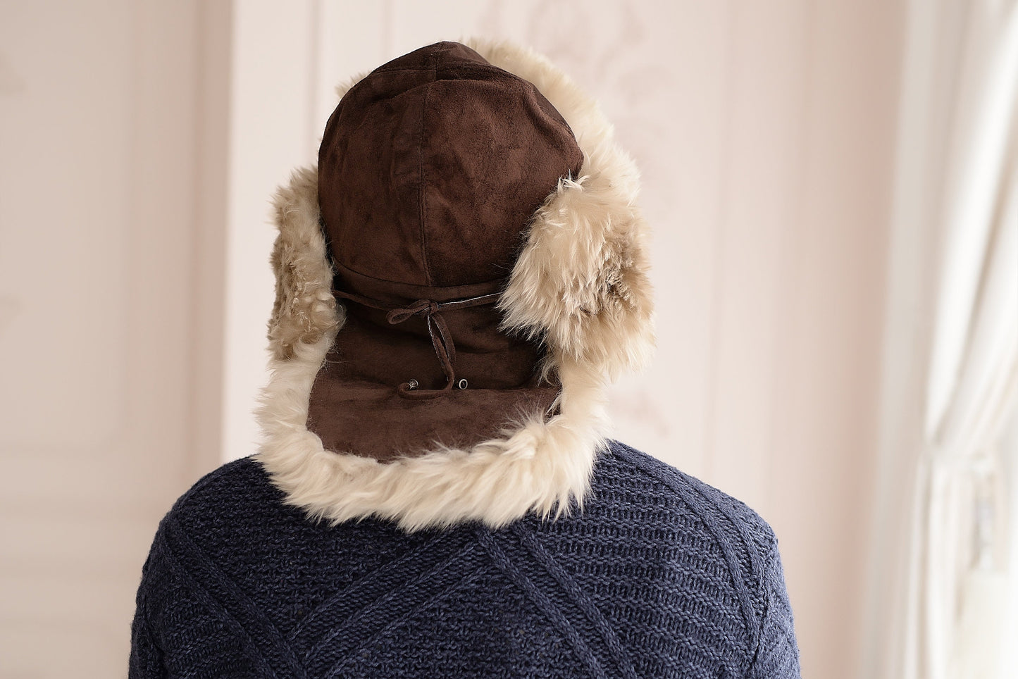Real Sheepskin Shearling Winter Fur Malachai Leather Unisex Hat with Tail