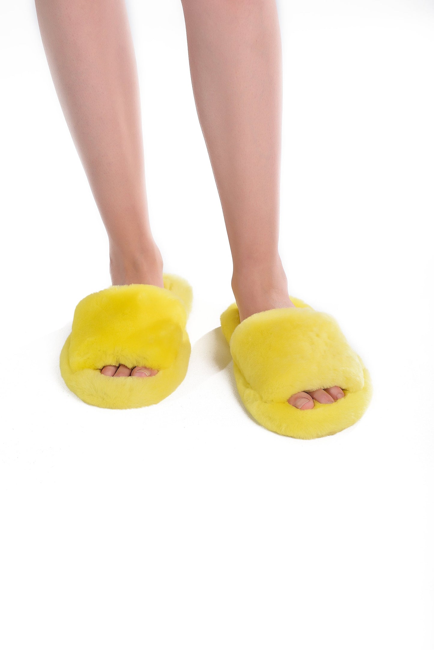 Fluffy Open Toe Sheepskin Mule Slippers for Women in Lemon Color