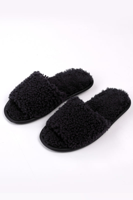 Unisex Open Toe Soft Sheepskin Slippers with Fur Lining in Aubergine Color