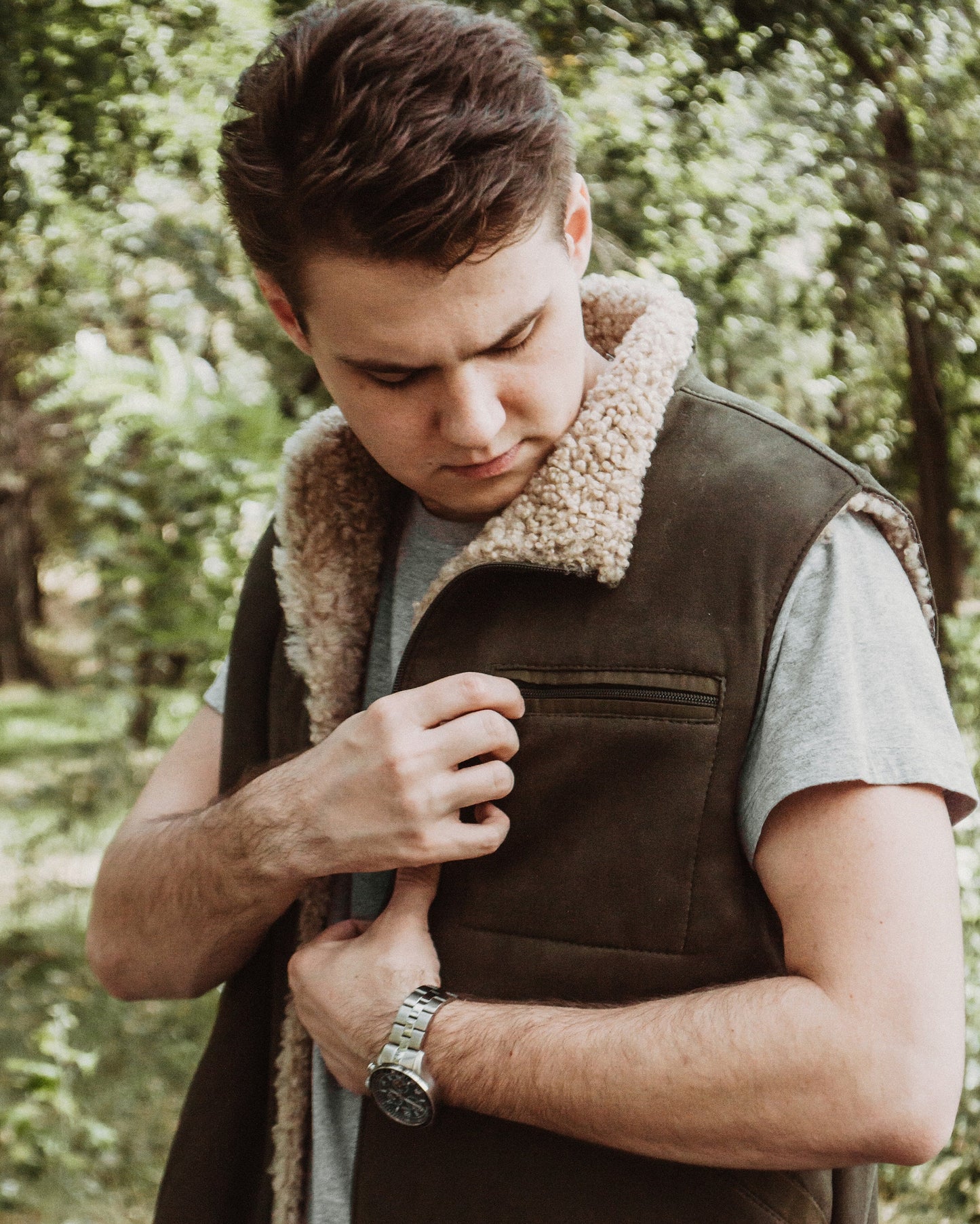Khaki Sheepskin Vest with Front Zip Pocket and Fur Lining