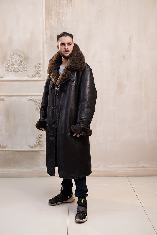 Mens Long Traditional Shearling Sheepskin Coat in Brown Color with Wide Fur Collar