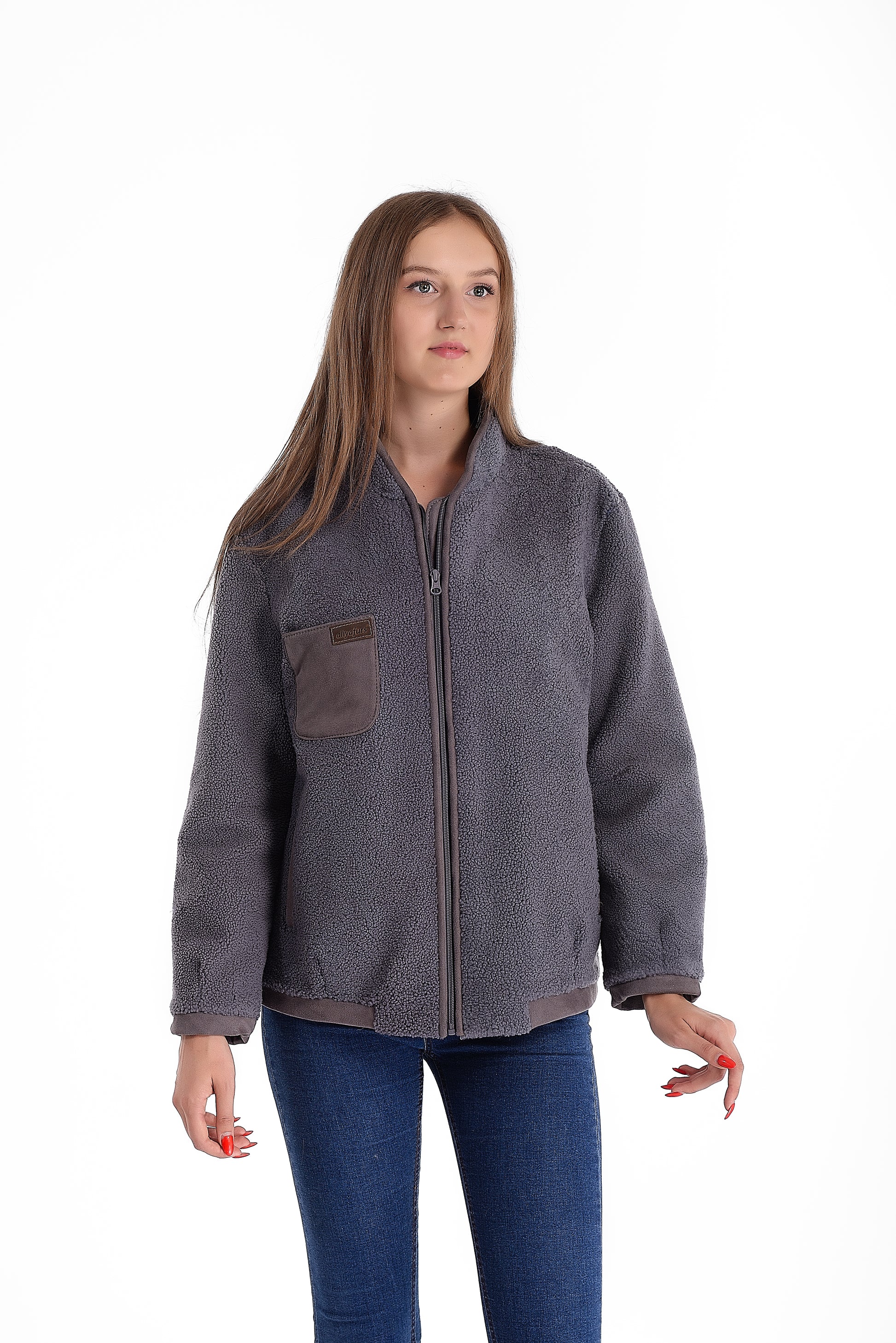 Lightweight Short Sheepskin Jacket in Blue Color with Boucle Sheepskin and Suede Leather Inserts