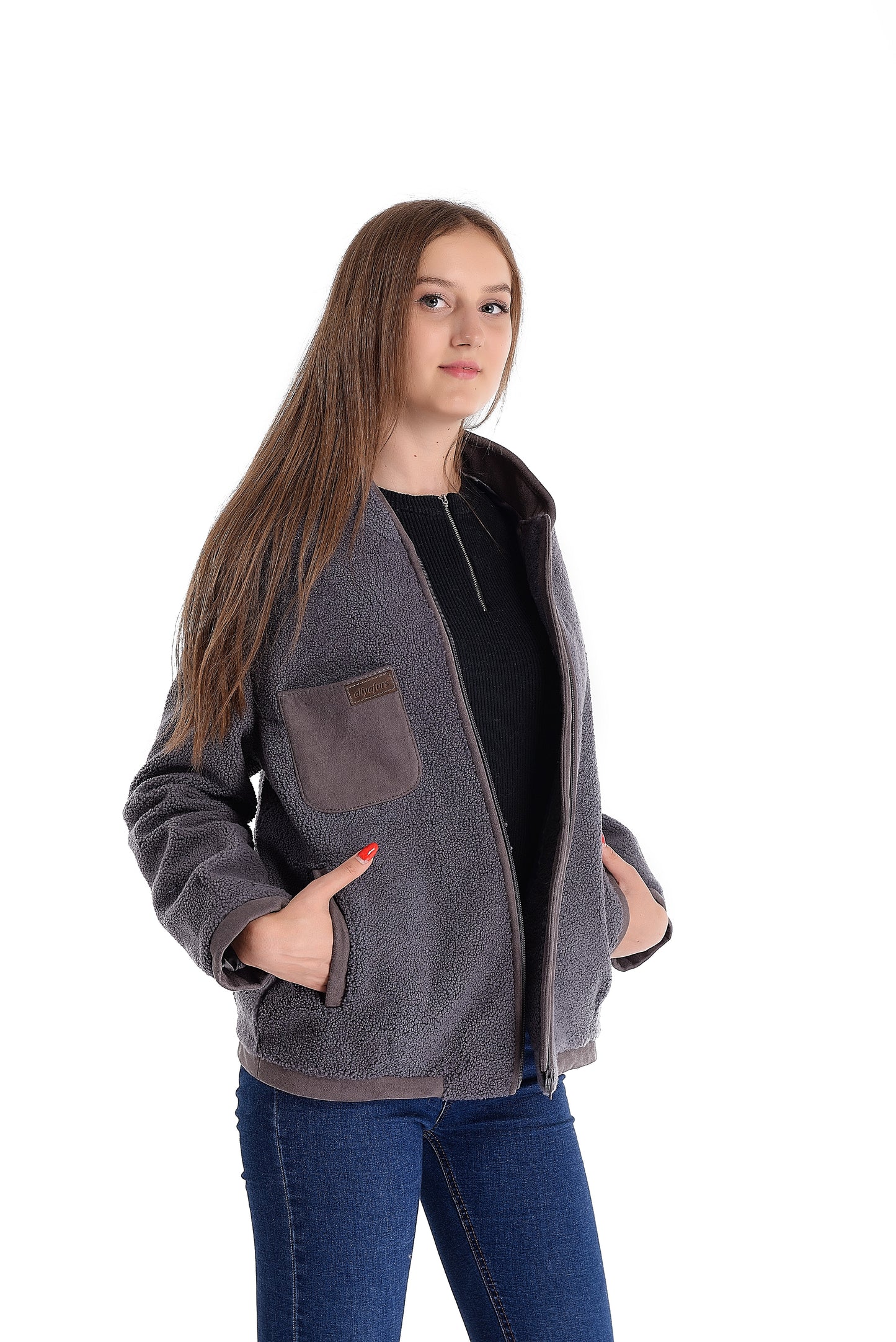 Lightweight Short Sheepskin Jacket in Blue Color with Boucle Sheepskin and Suede Leather Inserts