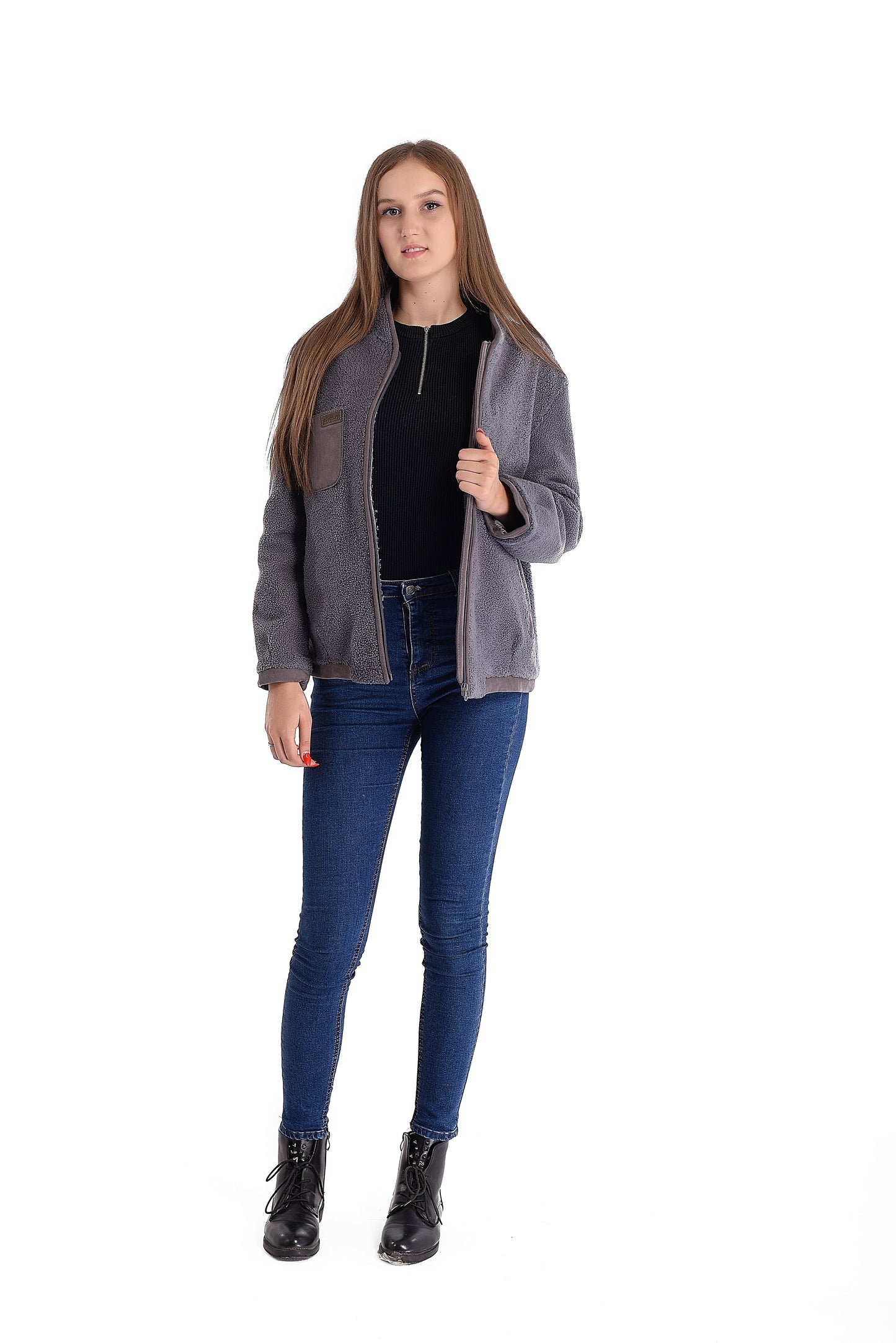 Lightweight Short Sheepskin Jacket in Blue Color with Boucle Sheepskin and Suede Leather Inserts
