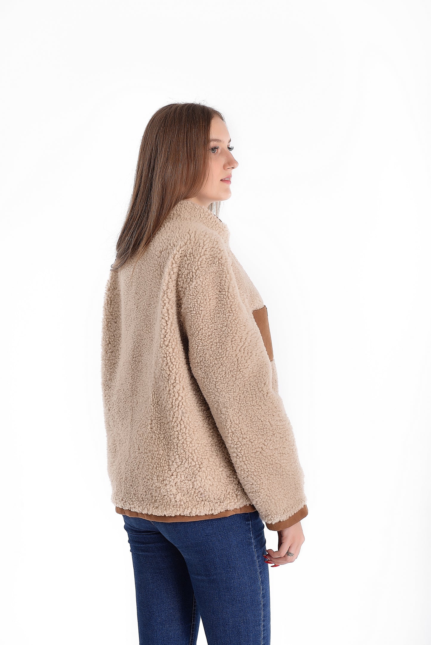 Lightweight Short Sheepskin Jacket in Beige Color with Boucle Sheepskin and Suede Leather Inserts
