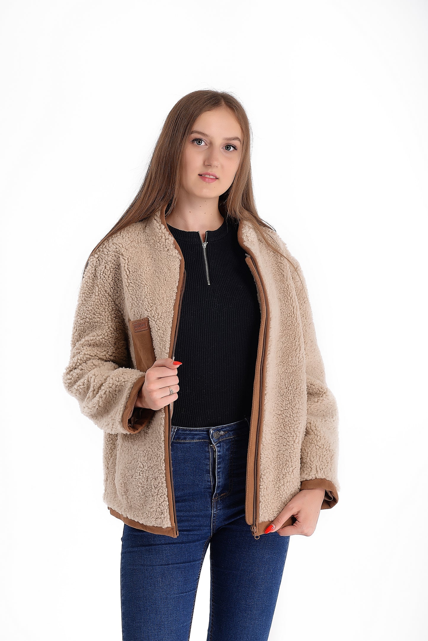 Lightweight Short Sheepskin Jacket in Beige Color with Boucle Sheepskin and Suede Leather Inserts