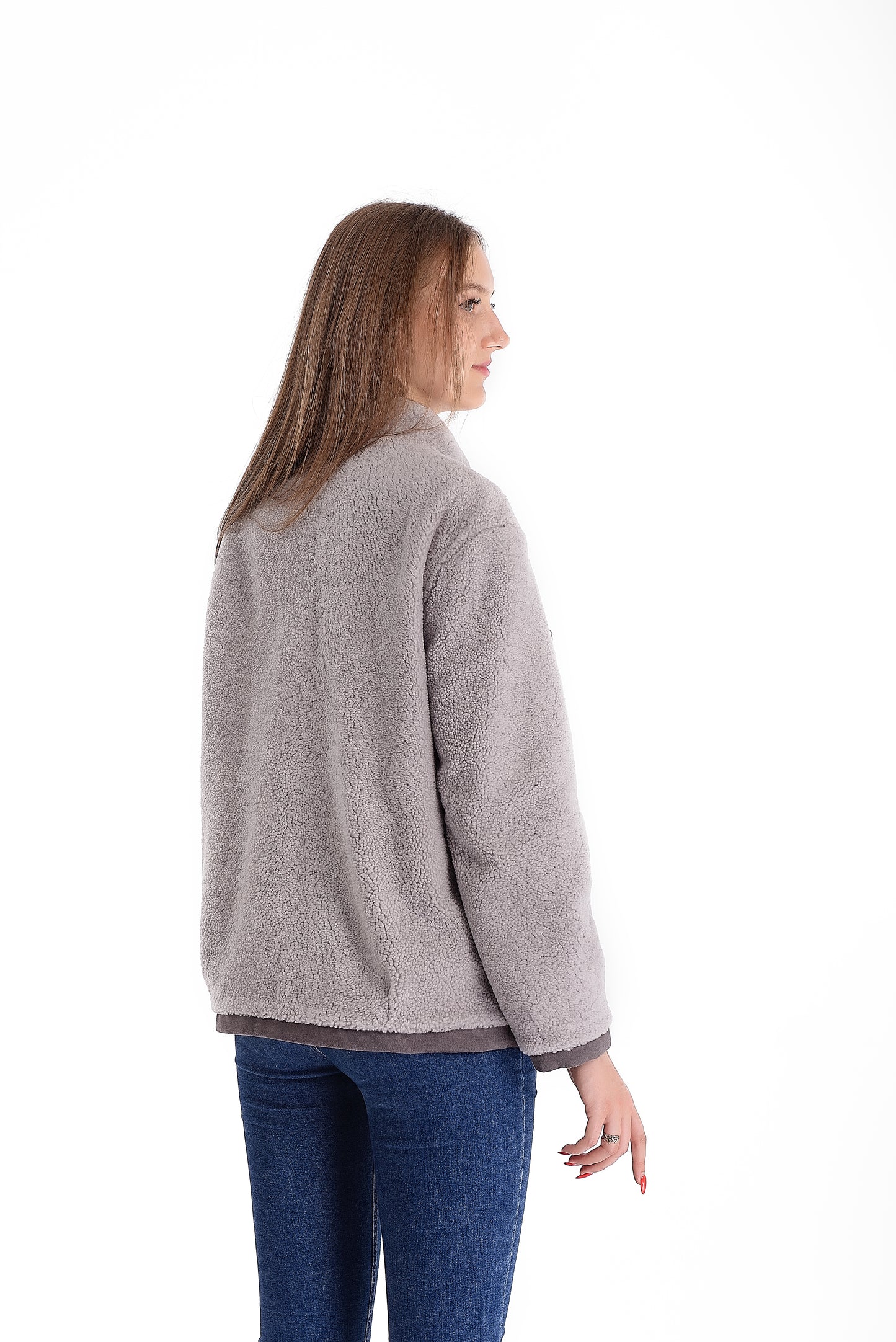 Lightweight Short Sheepskin Jacket in Grey Color with Boucle Sheepskin and Suede Leather Inserts