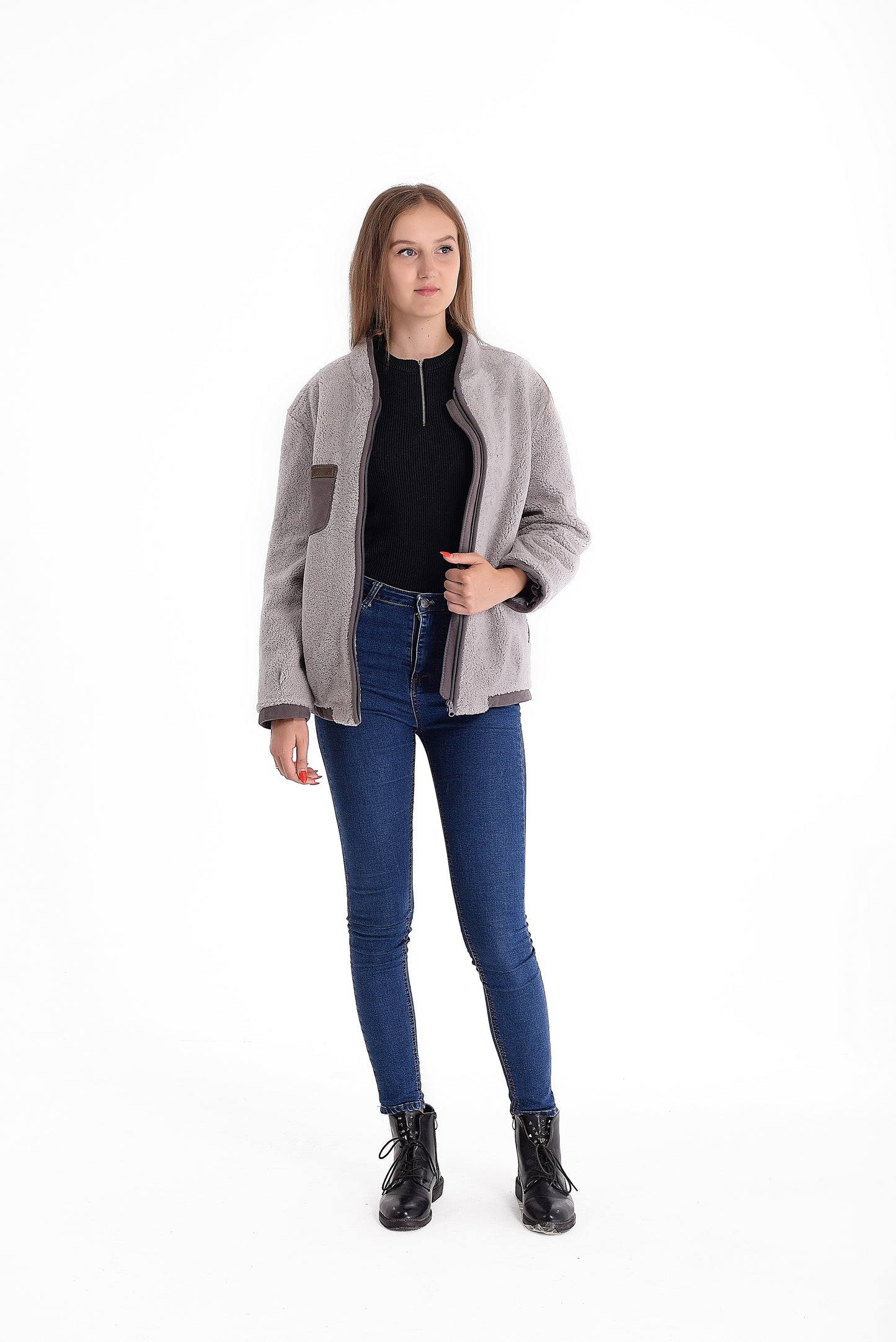 Lightweight Short Sheepskin Jacket in Grey Color with Boucle Sheepskin and Suede Leather Inserts