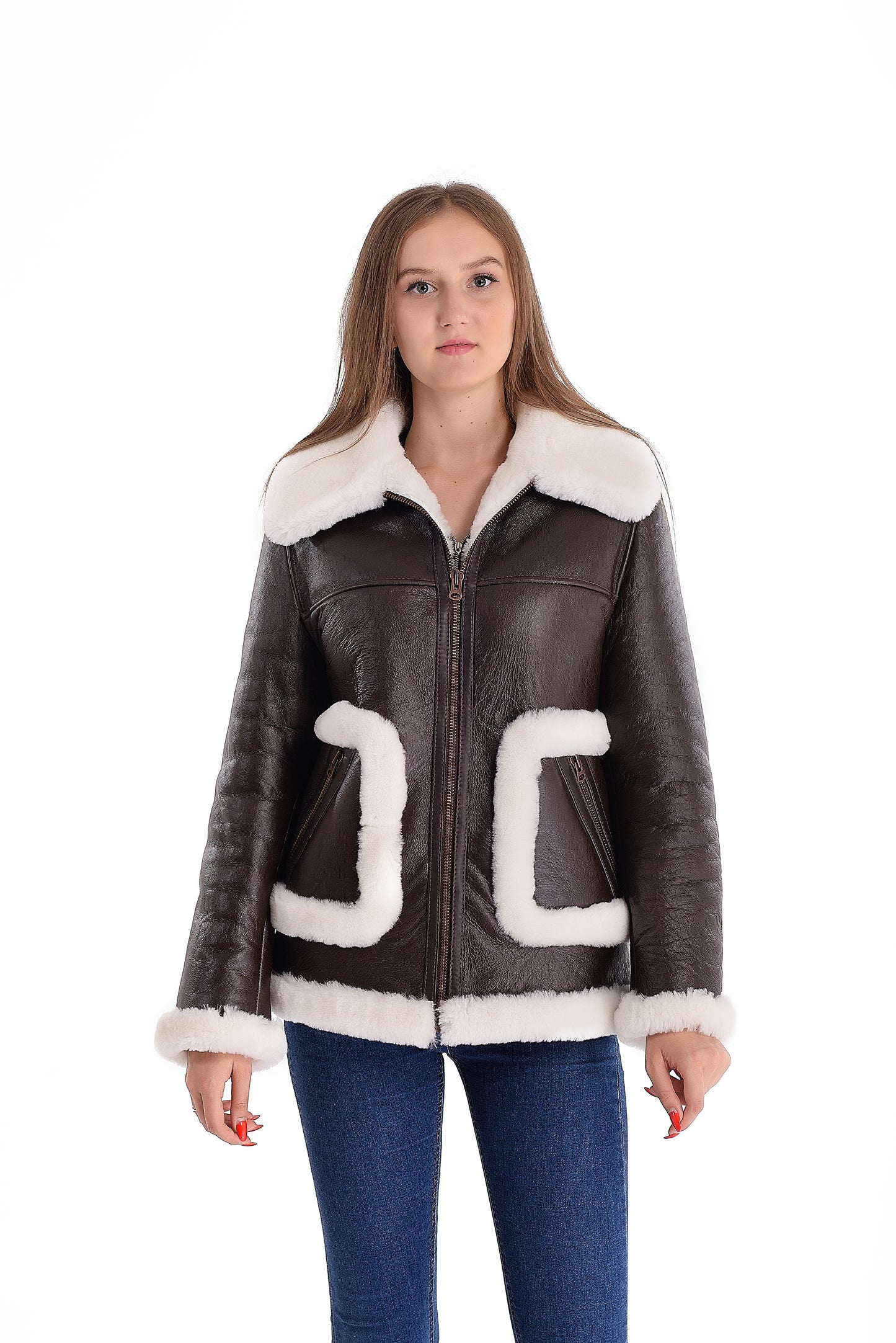 Sheepskin Shearling Womens Jacket with White Fur Around the Edges of the Pockets