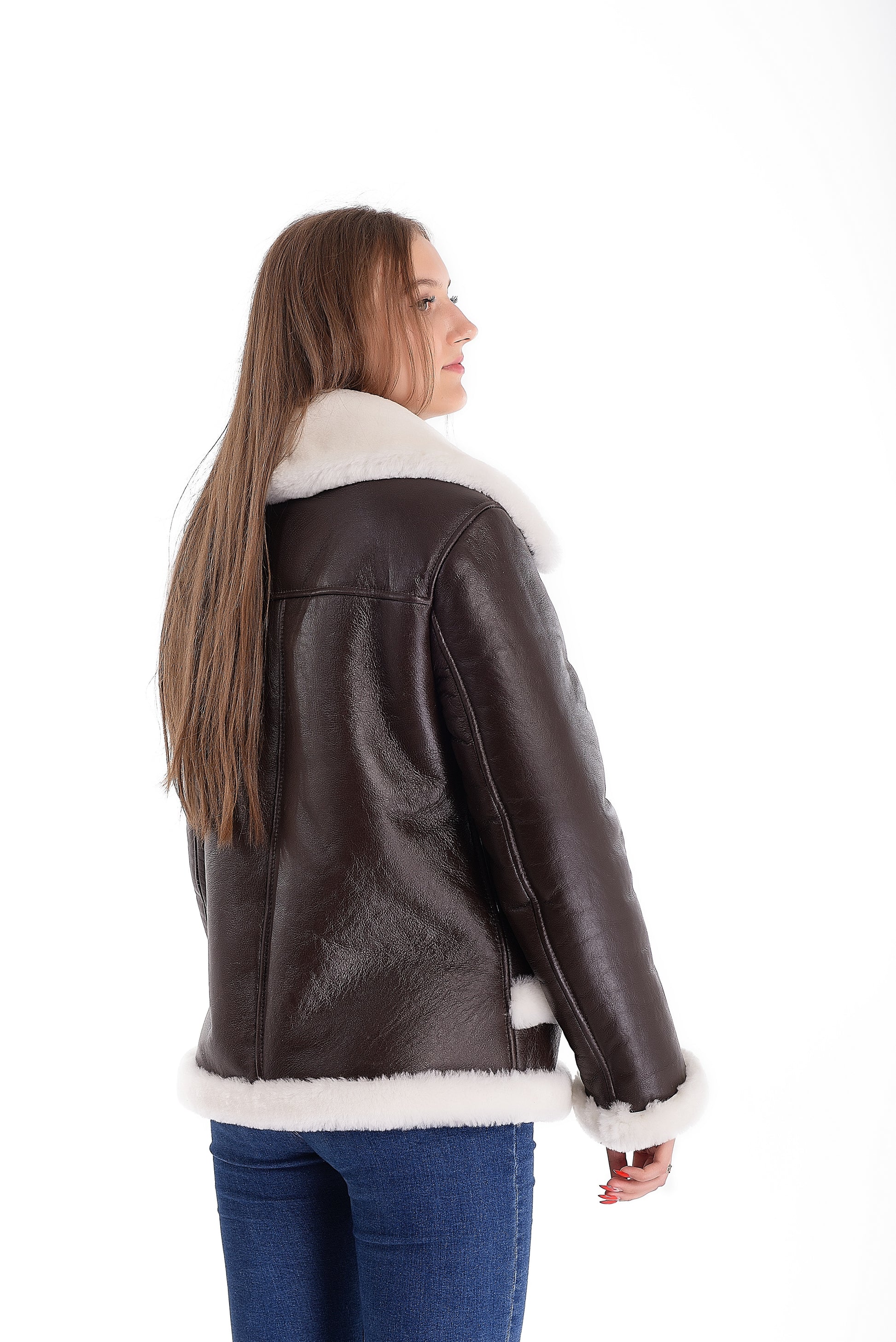 Sheepskin Shearling Womens Jacket with White Fur Around the Edges of the Pockets