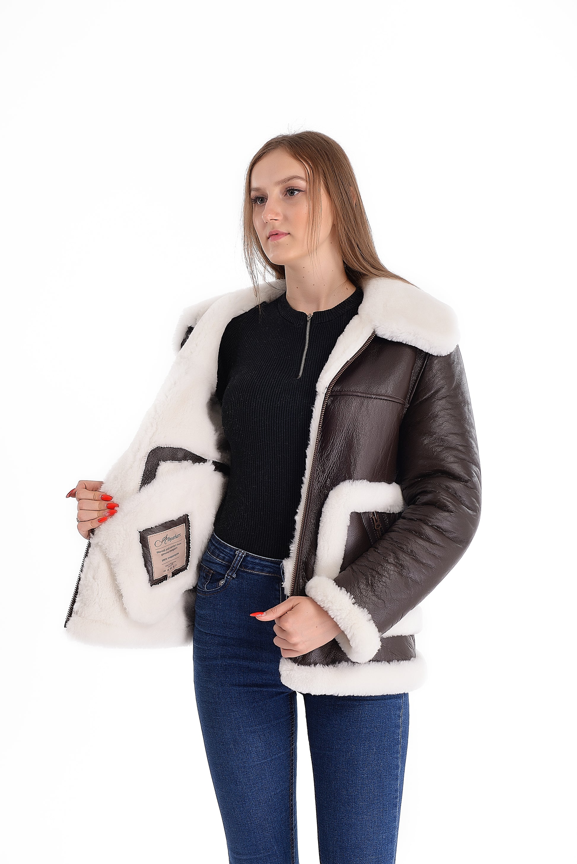 Sheepskin Shearling Womens Jacket with White Fur Around the Edges of the Pockets