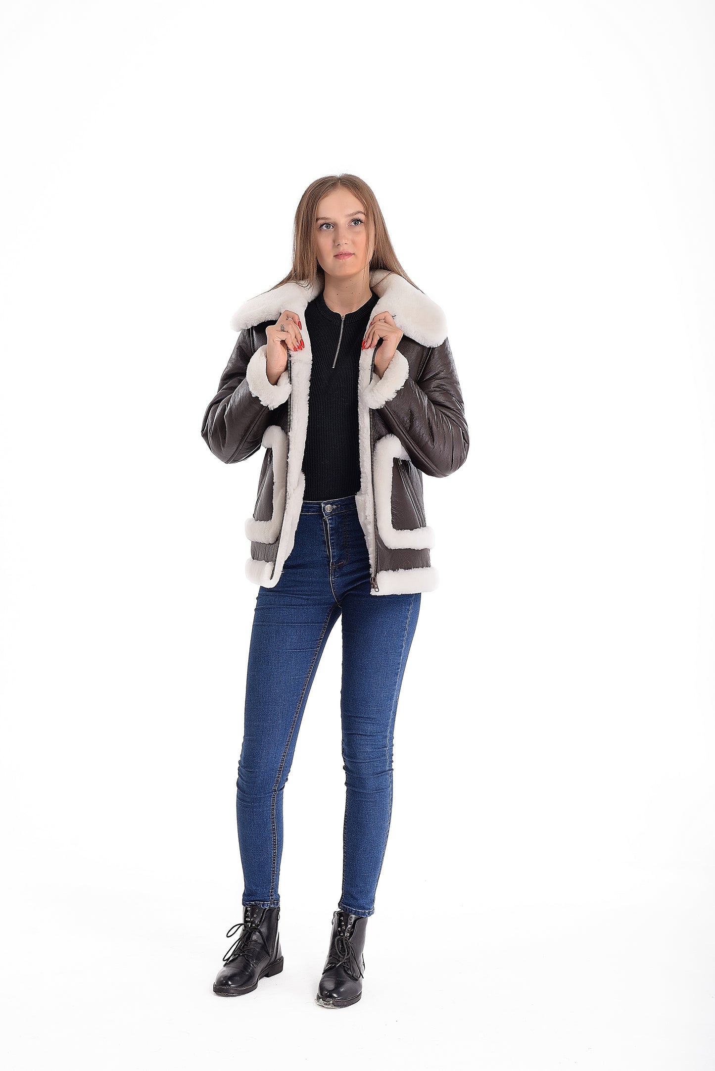 Sheepskin Shearling Womens Jacket with White Fur Around the Edges of the Pockets