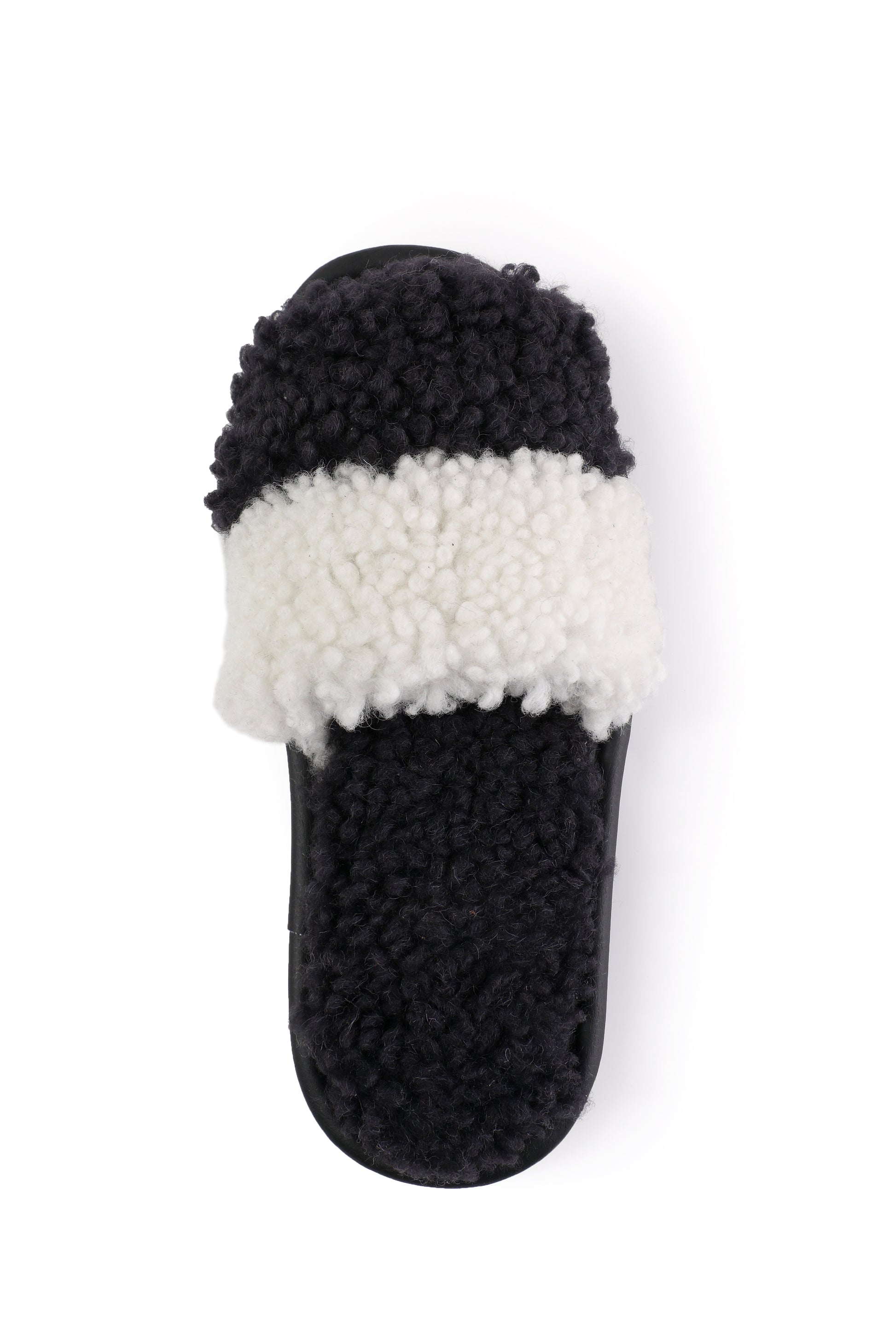 Soft Sheepskin Slippers with Black Fur Lining in Black & White Color