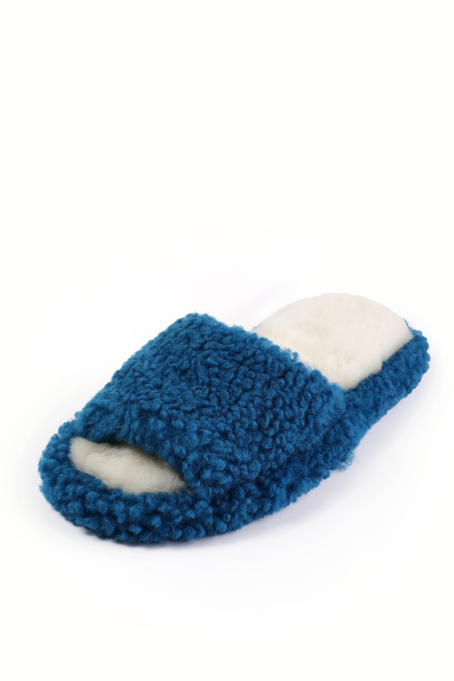Open Toe Soft Blue Sheepskin Slippers with White Fur Lining