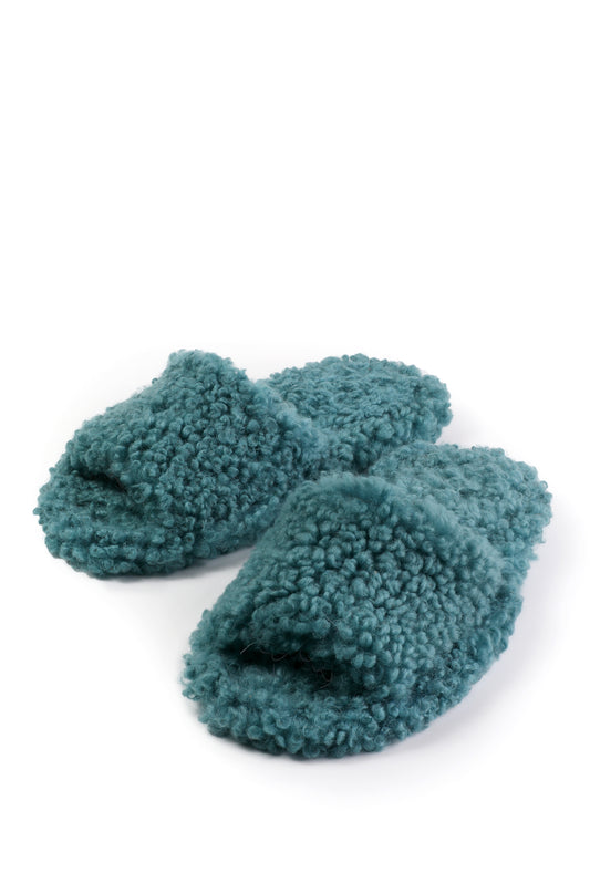 Open Toe Soft Tiffany Blue Sheepskin Slippers for Women with Blue Fur Lining