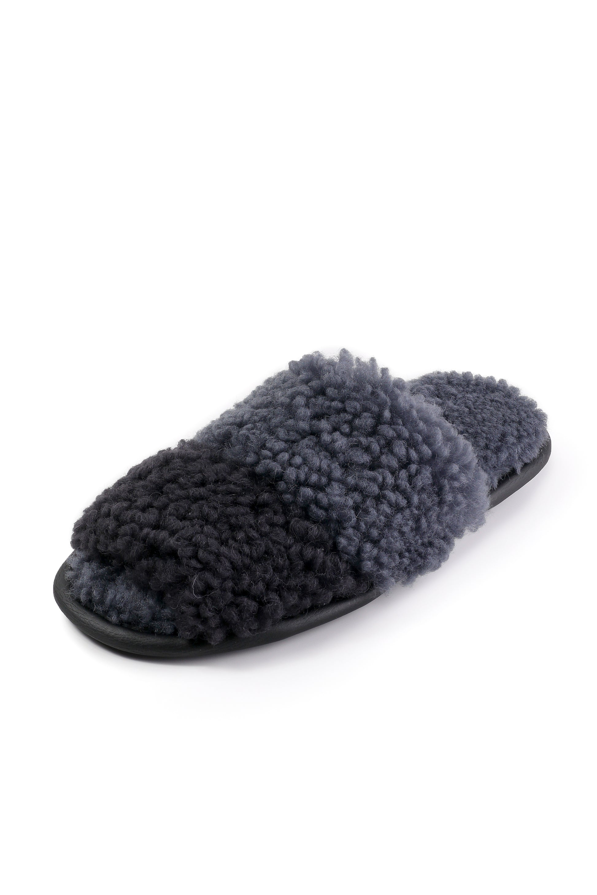 Soft Sheepskin Slippers with Grey Fur Lining in Black & Grey Color